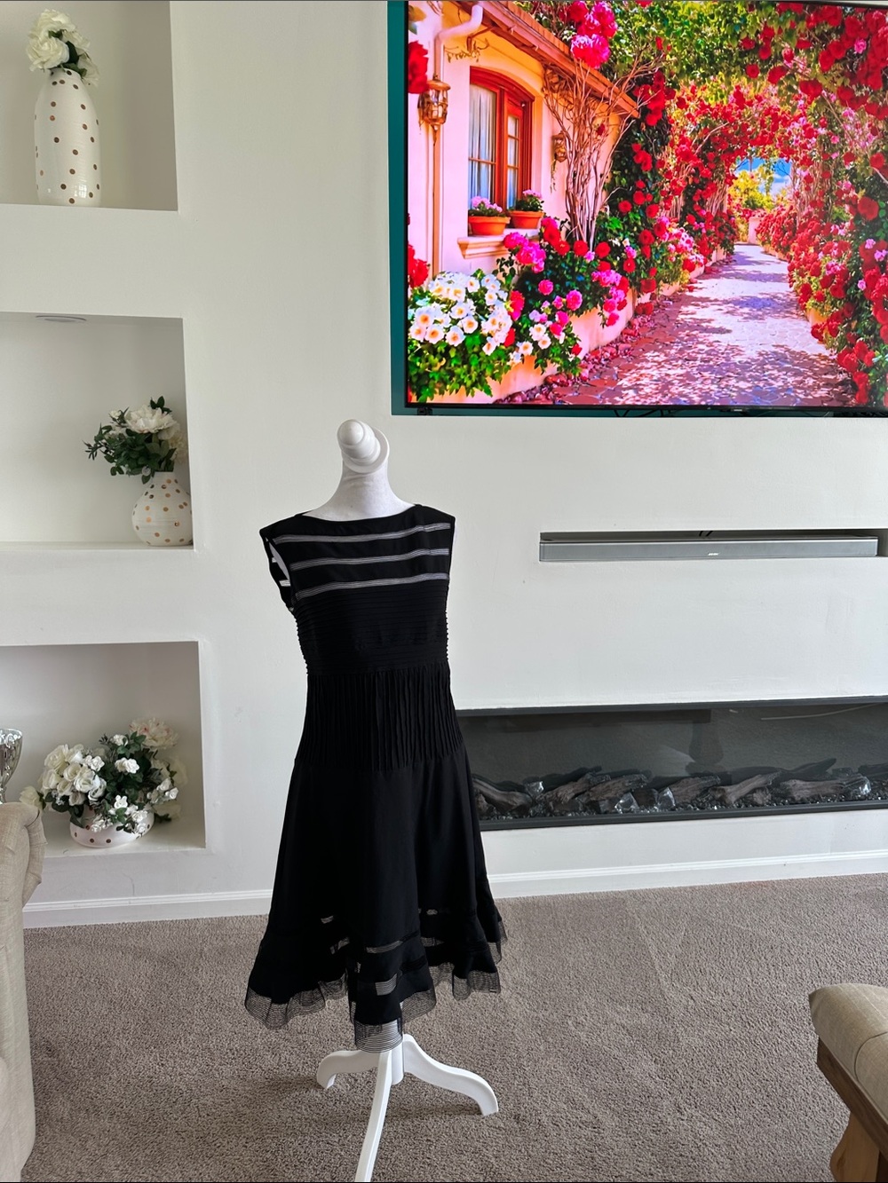 Tadashi Shoji Black Sheer-Striped Midi Dress - Picture 1 of 6